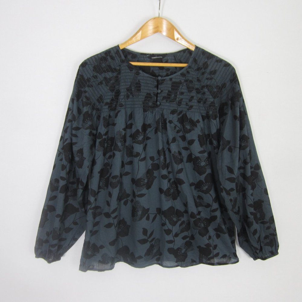 Moda International Womens M Navy Blue Floral Smocked LS Cotton Babydoll Shirt